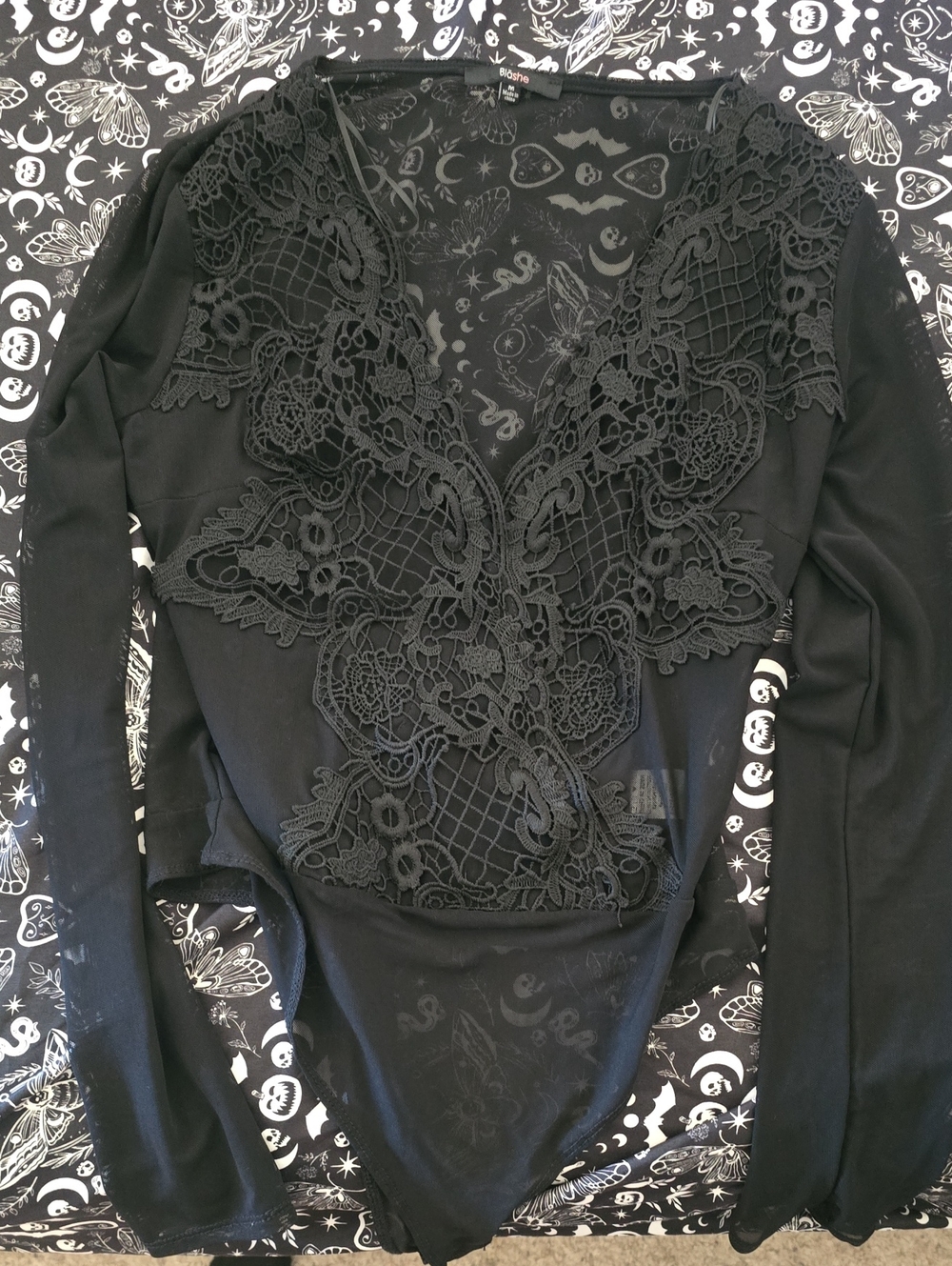 Black Lace-Trim Wrap Bodysuit - Women